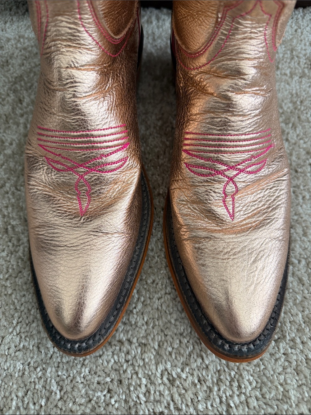 Lucchese Metallic Rose Gold Gabby Booties with Pink Stitching - Picture 3 of 7